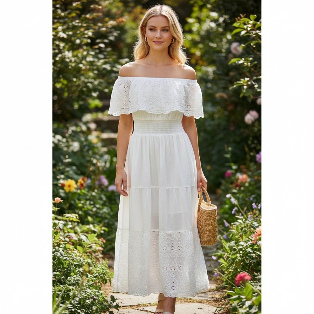 Nation AK Outfits Midi Dress L White Excellent Eyelet Smocked Off Shoulder Boho